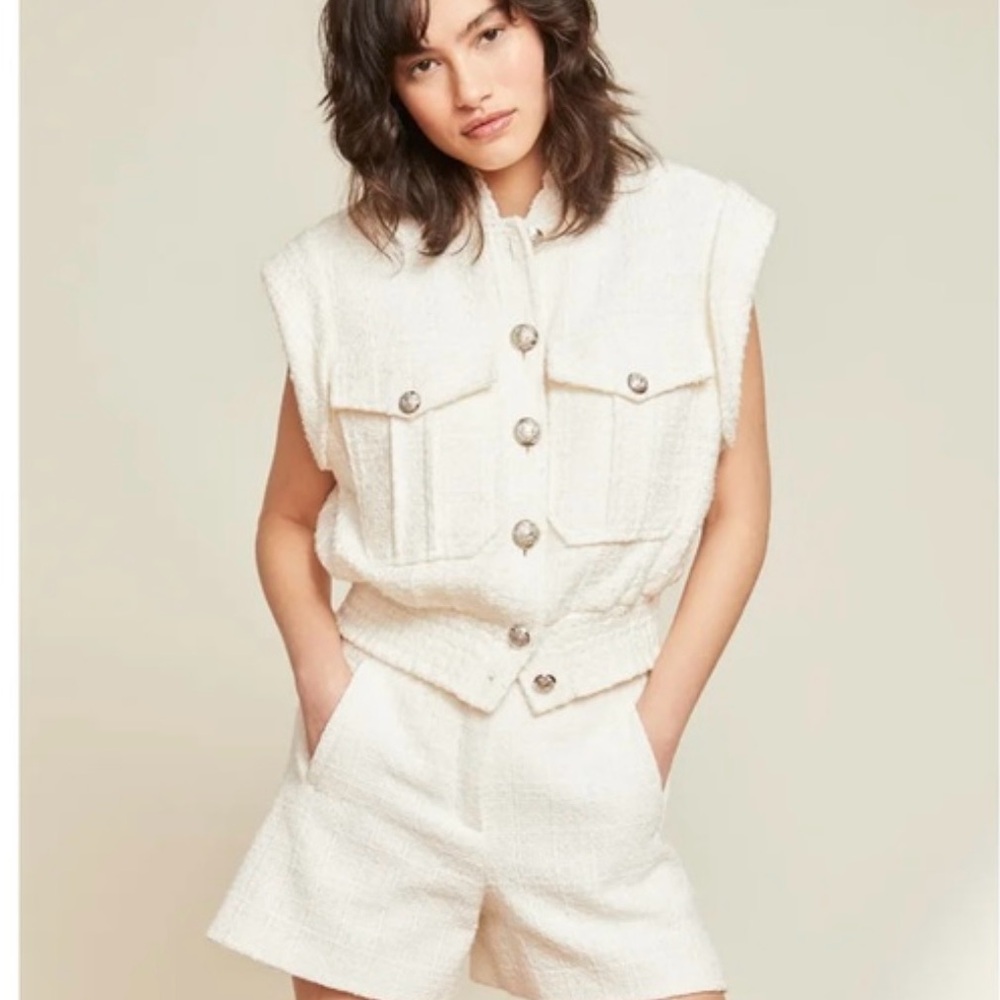 Veronica Beard Eggshell Tweed Cropped Vest